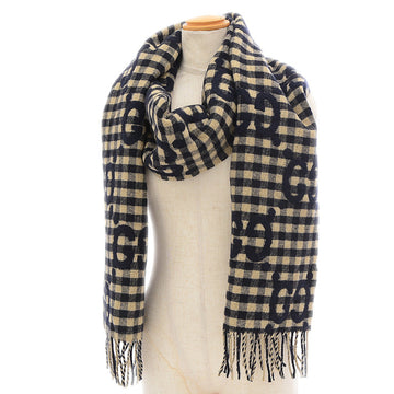 GUCCI GG Plaid Wool Jacquard Scarf Stole Beige/Navy 644365