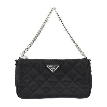 PRADA Handbag 1BH026 Nylon Black Silver Hardware Chain Shoulder Quilted Triangle Logo