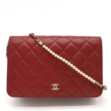 CHANEL Matelasse Coco Mark Chain Wallet Shoulder Bag Pochette Leather Fake Pearl Red A84277