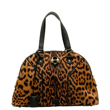 SAINT LAURENT Leopard Print Handbag Brown Black Haraco Leather Women's