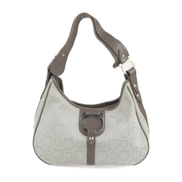 SALVATORE FERRAGAMO Gancini Shoulder Bag 21 6843 Canvas Leather Gray Brown Silver Hardware Handbag