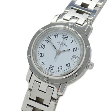 HERMES Watch Ladies Clipper Date Quartz Stainless Steel SS CL4.210 Silver White Round Polished