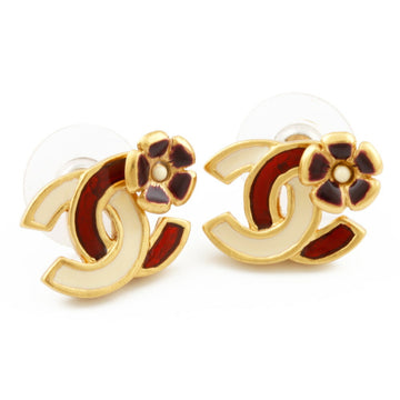 Chanel Earrings Coco Mark Camellia Gold White Red Ladies Metal