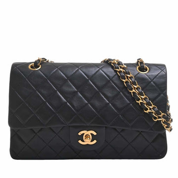 CHANEL Lambskin Matelasse Coco Mark W Flap Chain Shoulder Bag Black Women's