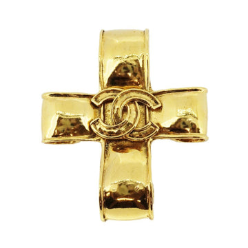 CHANEL Brooch Vintage Coco Mark Ribbon Motif Cross GP Plating Gold 94P Ladies