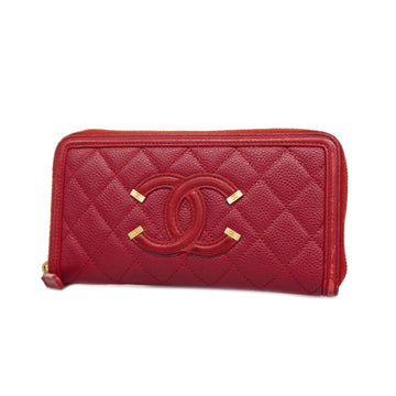 CHANEL Long Wallet Matelasse CC Filigree Caviar Skin Red Gold Hardware Women's