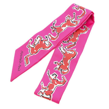 HERMES Twilly Freedom Horse CHEVAUX EN LIBERTE Rose Indian Rouge White Silk Scarf