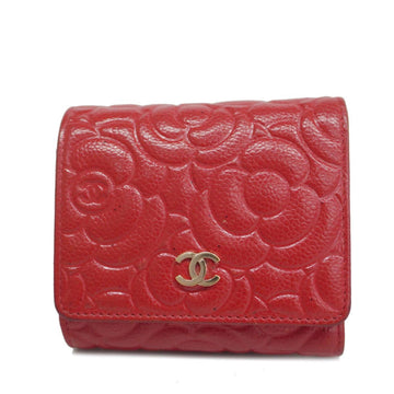 CHANEL Trifold Wallet Camellia Caviar Skin Red Gold Hardware Women's