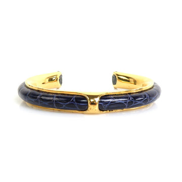 HERMES Bangle Bracelet Metal/Leather Gold/Navy Blue Unisex