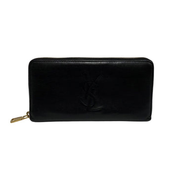 SAINT LAURENT Yves  YSL Cassandra Logo Stitch Round Zipper Leather Long Wallet Black