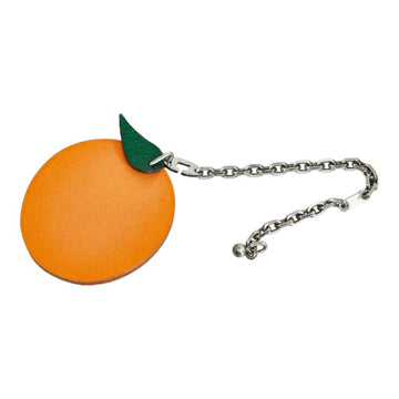 HERMES Orange Charm Keychain Leather Women's