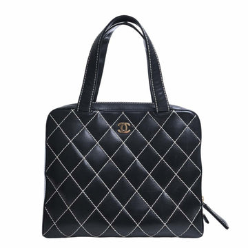 CHANEL Leather Wild Stitch Coco Mark Tote Bag Black Ladies