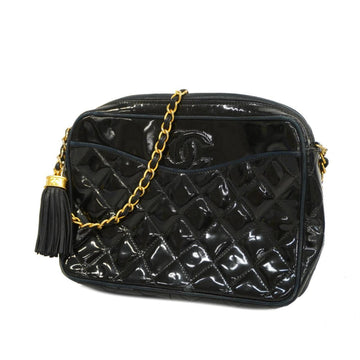 CHANEL Shoulder Bag Matelasse Chain with Fringes Patent Leather Black Gold Hardware Women's