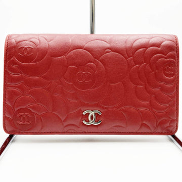 CHANEL Camellia Long Wallet Coco Mark Floral Pattern Red Bordeaux Leather Ladies Fashion Accessory USED