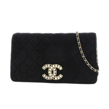 Chanel Coco Mark Pearl Rhinestone Chain Shoulder Bag Suede Black