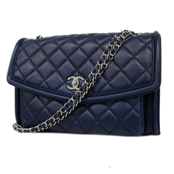 CHANELAuth  Matelasse W-chain Women's Leather Shoulder Bag Navy