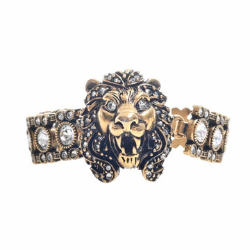 GUCCI Crystal Lion Head Bracelet #L Gold Ladies