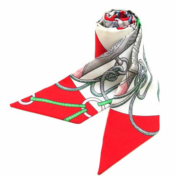 HERMES Twilly Grenadine Horsewear Women's Scarf Muffler 100% Silk White/Red