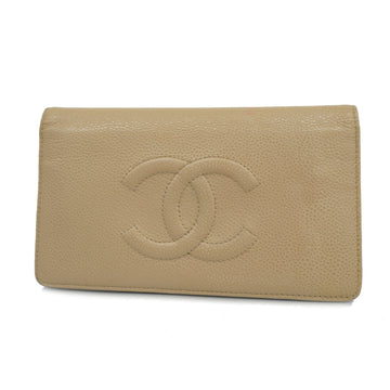 CHANEL Bi-fold Long Wallet With Silver Metal Fittings CaviarLeather Beige