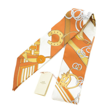 HERMES Twilly Horse Bridle and Charm BRIDES ET GRIS Caramel White Bronze Silk Scarf