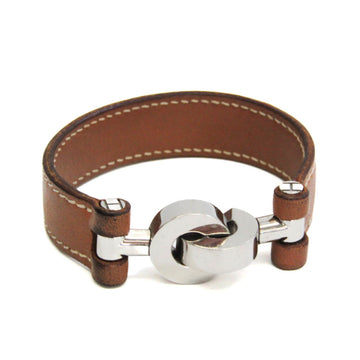 HERMES Lancelot Leather,Metal Bangle Brown,Silver