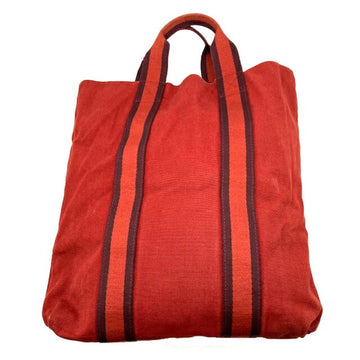 HERMES Four Toe Cabas Canvas Red Tote Bag Handbag Men's Women's