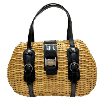 SALVATORE FERRAGAMO Vara Basket Bag Handbag Toad Mouth Rattan Straw Raffia Patent Enamel Black Women's