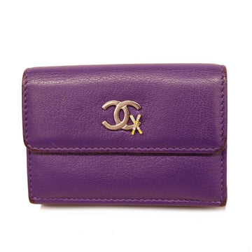 CHANEL Trifold Wallet Leather Purple Silver Hardware Women's
