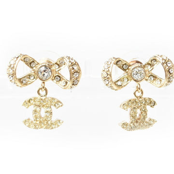 CHANEL earrings CC here mark gold ribbon rhinestone