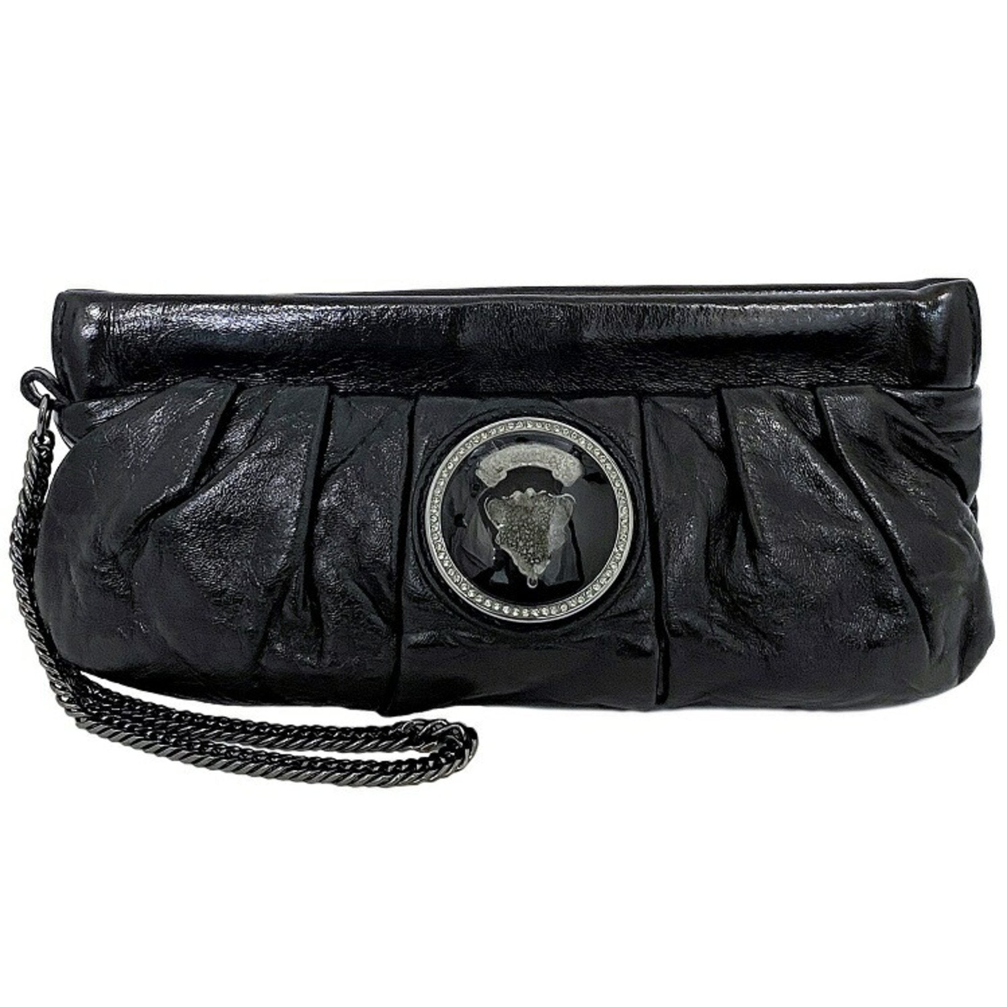 Gucci Mini Clutch Bag Black Silver Histeria 226248 Chain Patent Leathe