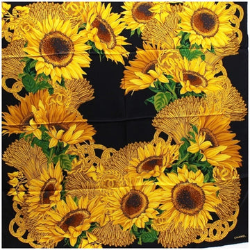 CHANEL Silk Scarf Muffler Coco Mark Sunflower. Sunflower Pattern Black x Yellow  Ladies