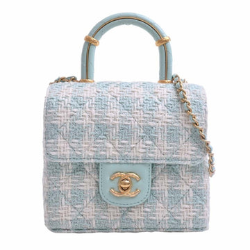 CHANEL Tweed Matelasse Coco Mark Top Handle 2WAY Chain Shoulder Bag Blue Ladies