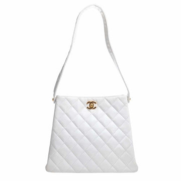 CHANEL Leather Matelasse Coco Mark Tote Bag White Ladies