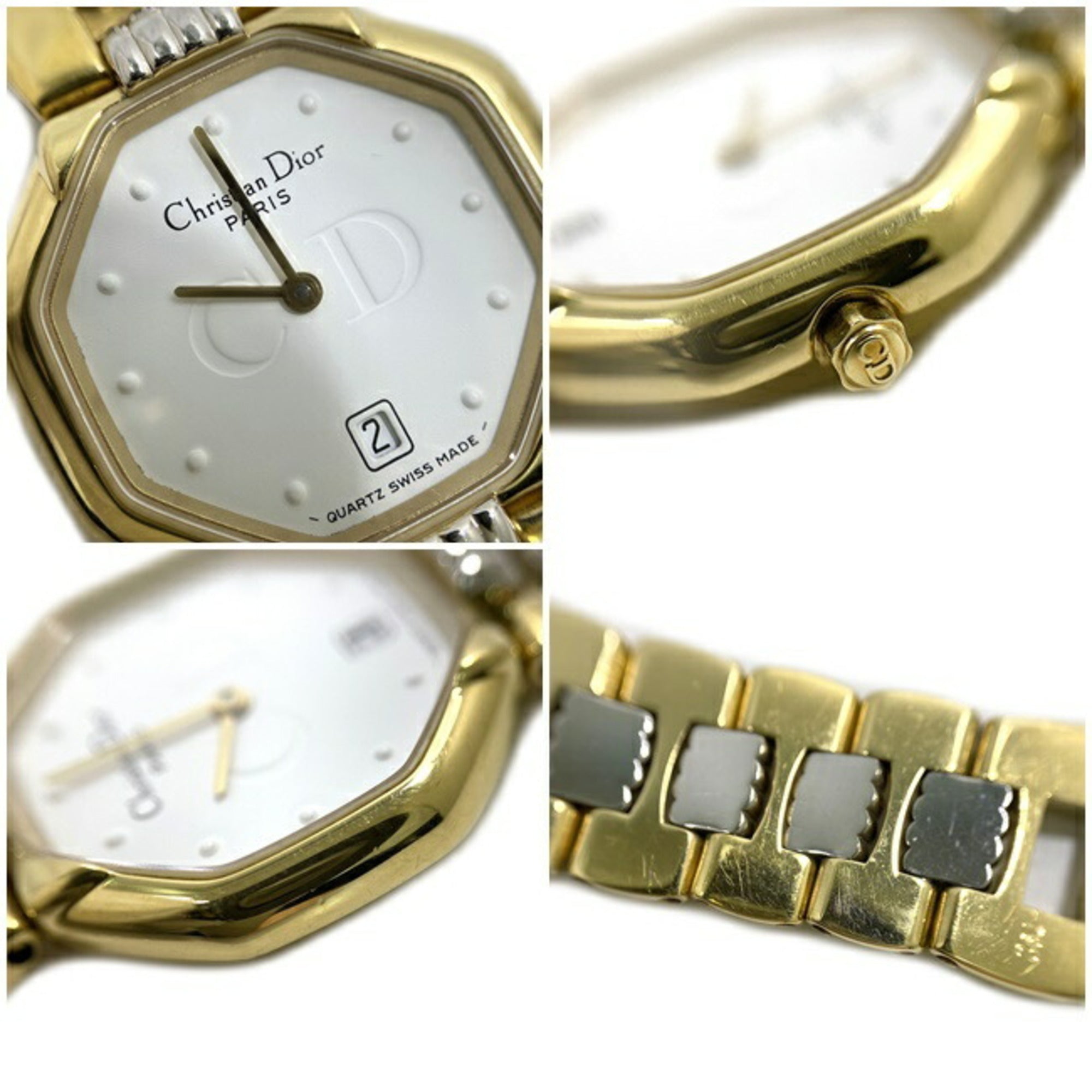 CHRISTIAN DIOR watch gold silver white octagon 48 133 SS GP quartz lad