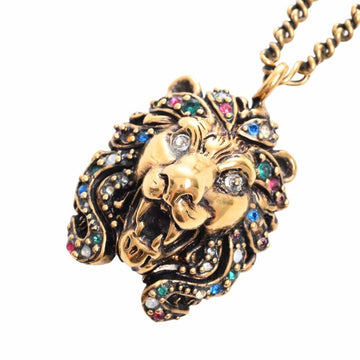 GUCCI Colored Rhinestone Lion Head Necklace Gold Women's