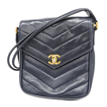 CHANELAuth  V Stitch Leather Shoulder Bag Navy