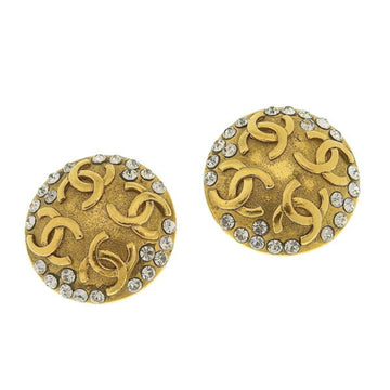 CHANEL Rhinestone Coco Mark Round Earrings Gold Women's