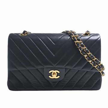 CHANEL Lambskin V Stitch Coco Mark W Flap Chain Shoulder Bag Black Ladies