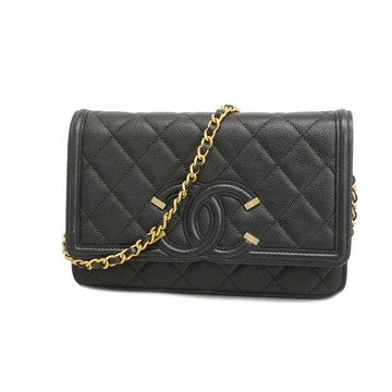 CHANELAuth  Chain Wallet CC Filigree Gold Hardware Women's Caviar Leather