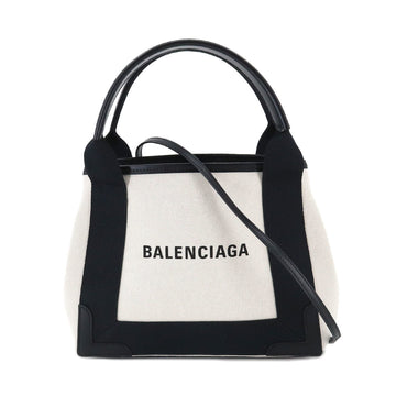 BALENCIAGA Navy Cabas XS 2way Tote Shoulder Bag Canvas Leather Light Beige Black 390346 Silver Hardware