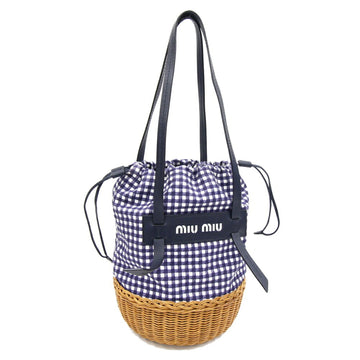 MIU MIU Miu Handbag 5BE023 Navy Natural Canvas Leather Basket Women's Gingham Check MIUMIU