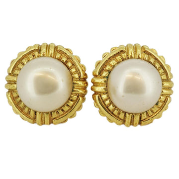 CHANEL earrings vintage round circle fake pearl GP plated gold white ladies