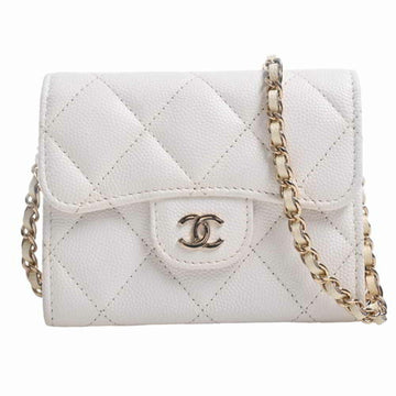 CHANEL caviar skin matelasse here mark chain folio wallet white