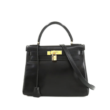 HERMES Kelly 28 2way hand shoulder bag box calf leather black V stamp inside stitching gold metal fittings