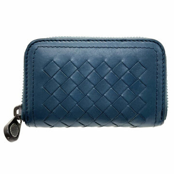 BOTTEGA VENETA Coin Case Intrecciato Purse Leather Blue Green Mesh Round Wallet Card Holder