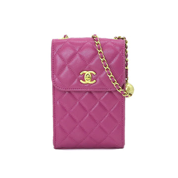 CHANEL Matelasse Phone Holder Chain Shoulder Bag Leather Pink AP1448 Gold Hardware Case