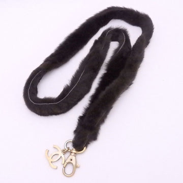 CHANEL neck strap dark brown fur x gold hardware necklace ladies