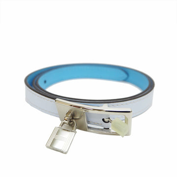 HERMES Lucky Reversible Belt 15mm 70cm Cadena Blue Blum / Celeste Silver Women's