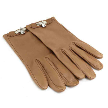 HERMES Gloves Kelly Motif Leather Brown Silver Ladies