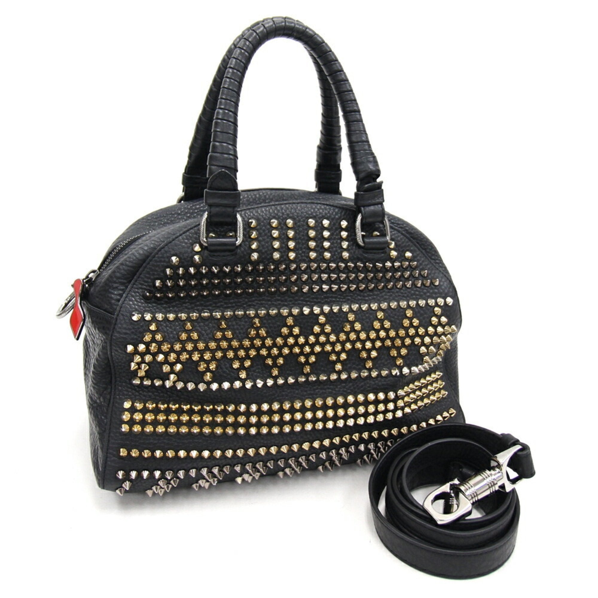 CHRISTIAN LOUBOUTIN Handbag Panettone Black Leather Studs Boston Bag L